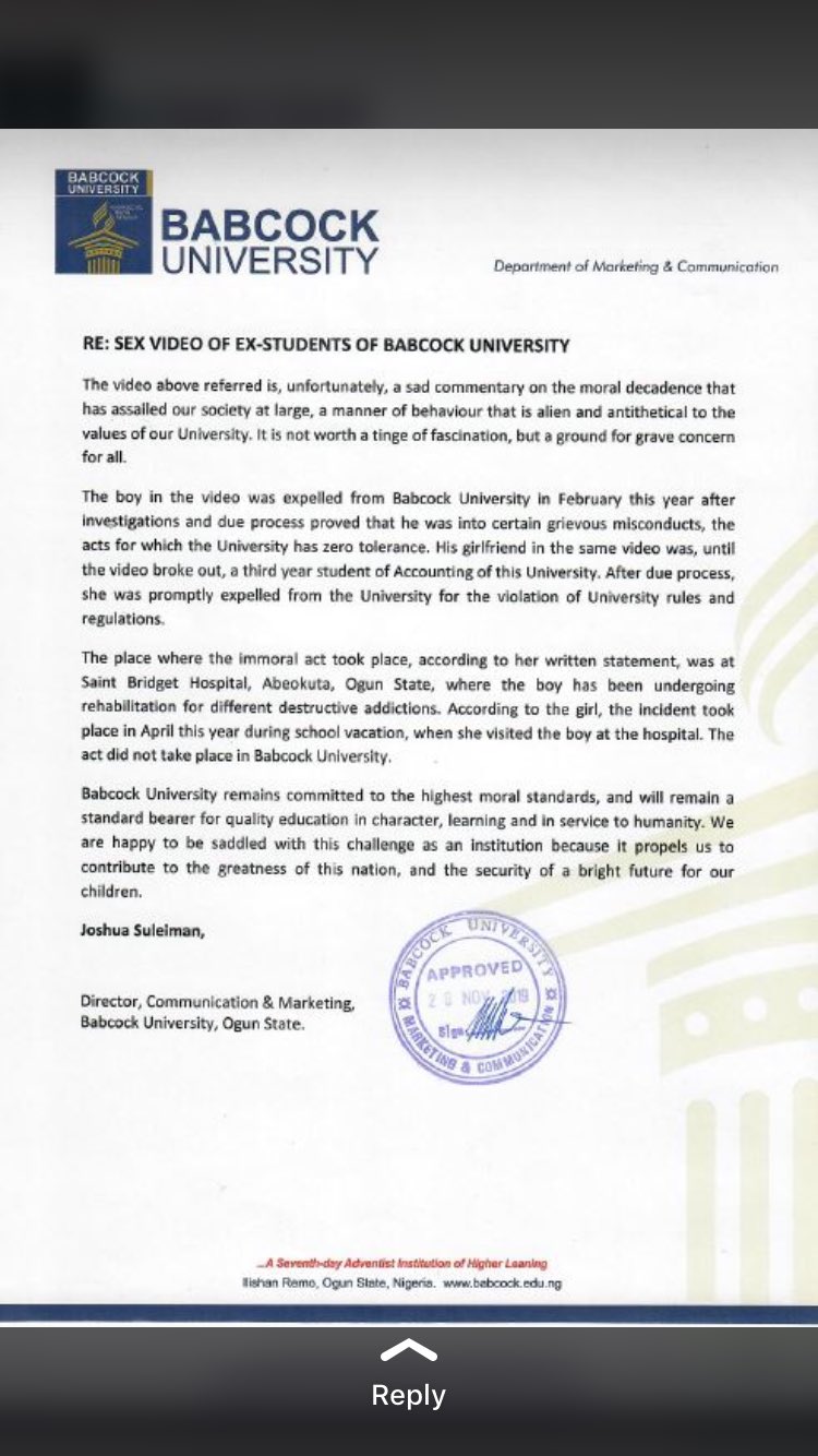 Babcock University press release 