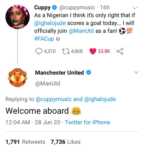 Dj Cuppy joins Manchester united 