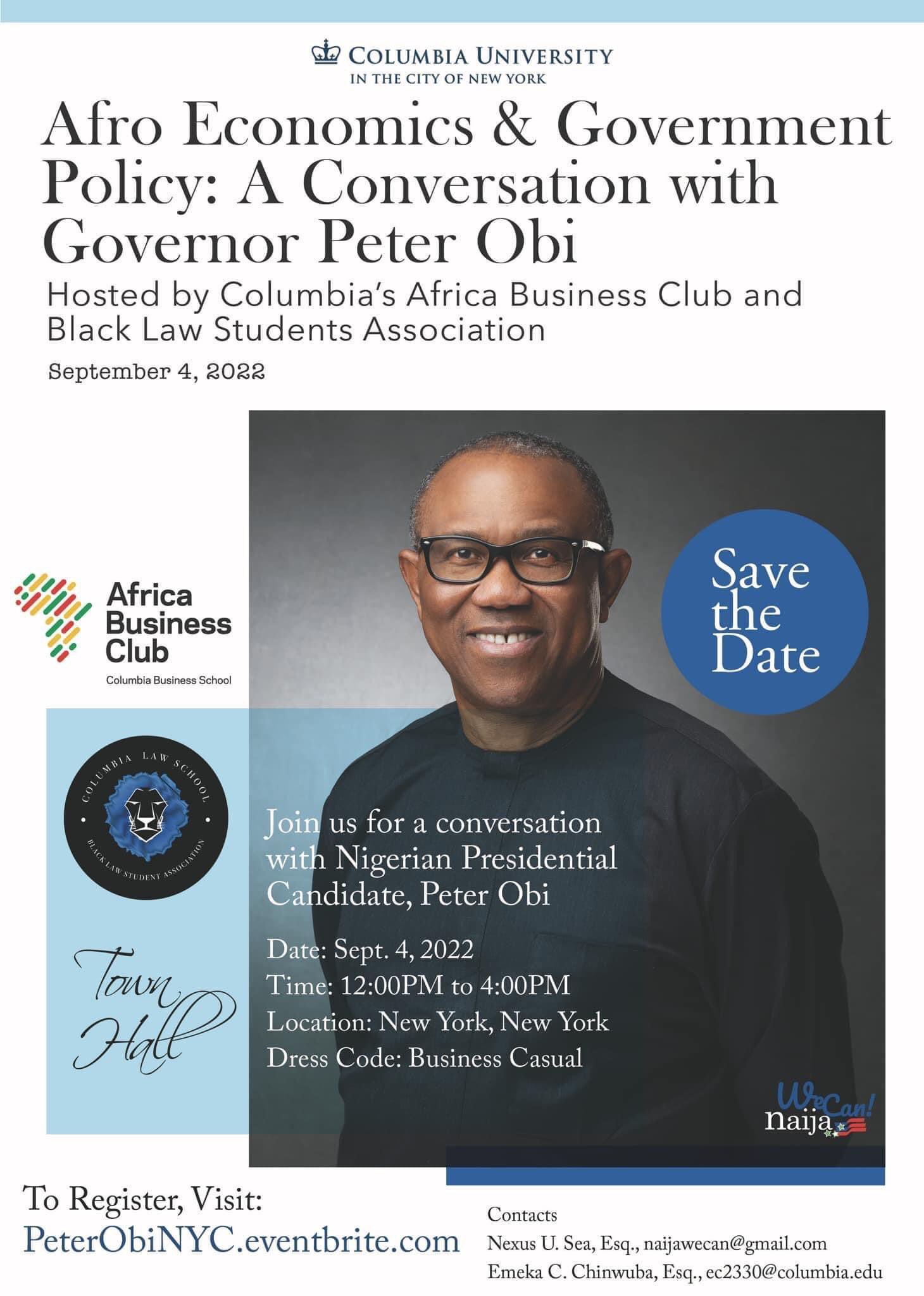 Columbia University New York invites Peter Obi 