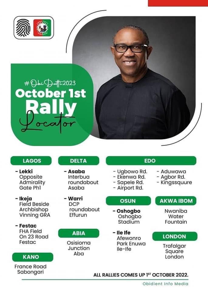 Peter Obi Obidients rally in lagos and other states on oct 1st