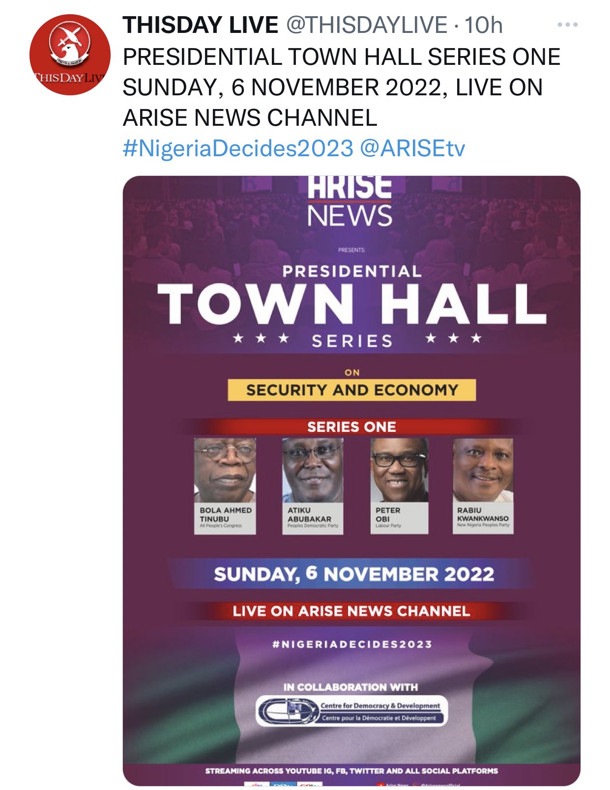 Arise tv town hall meeting with Presidential candidates 
