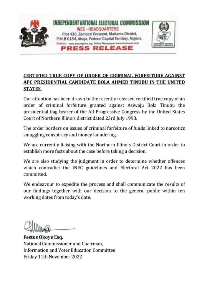 Fake INEC press release against Tinubu 