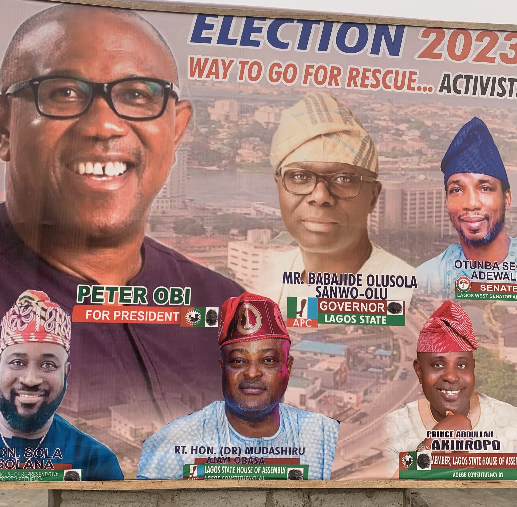 Peter Obi with Sanwo-Olu's pictures in lagos campaign banner 