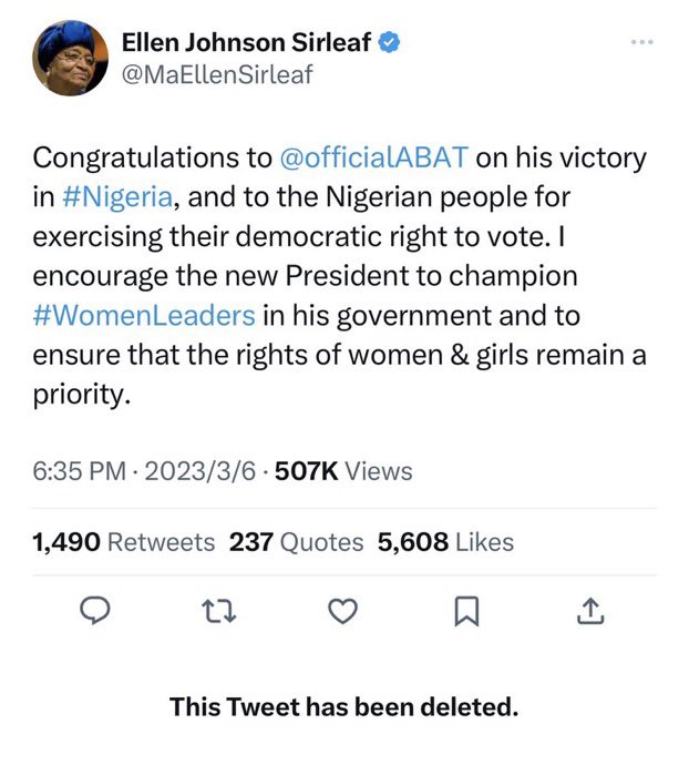 Ellen johnson Sirleaf deletes tweet Congratulating BAT 