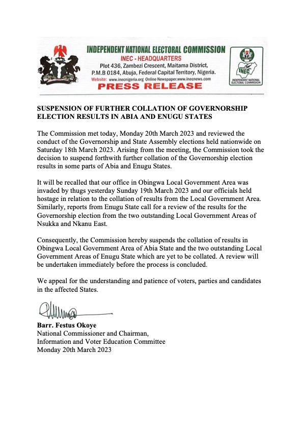 INEC suspend Enugu and Abia election results 