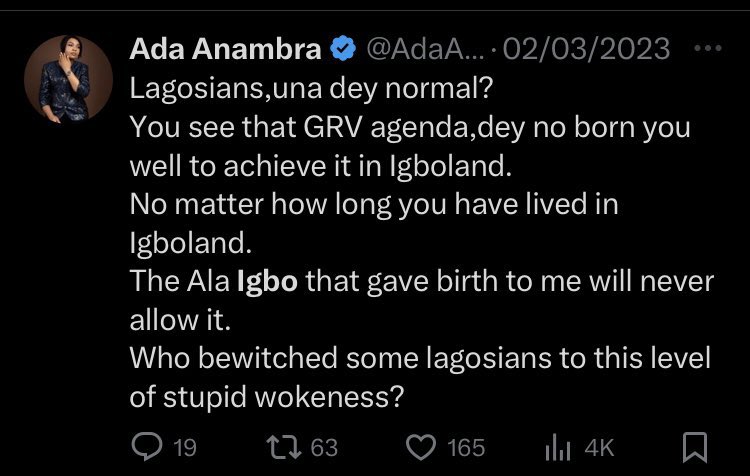 Malicious tweets from Ada Anambra against Ụmụ Igbo