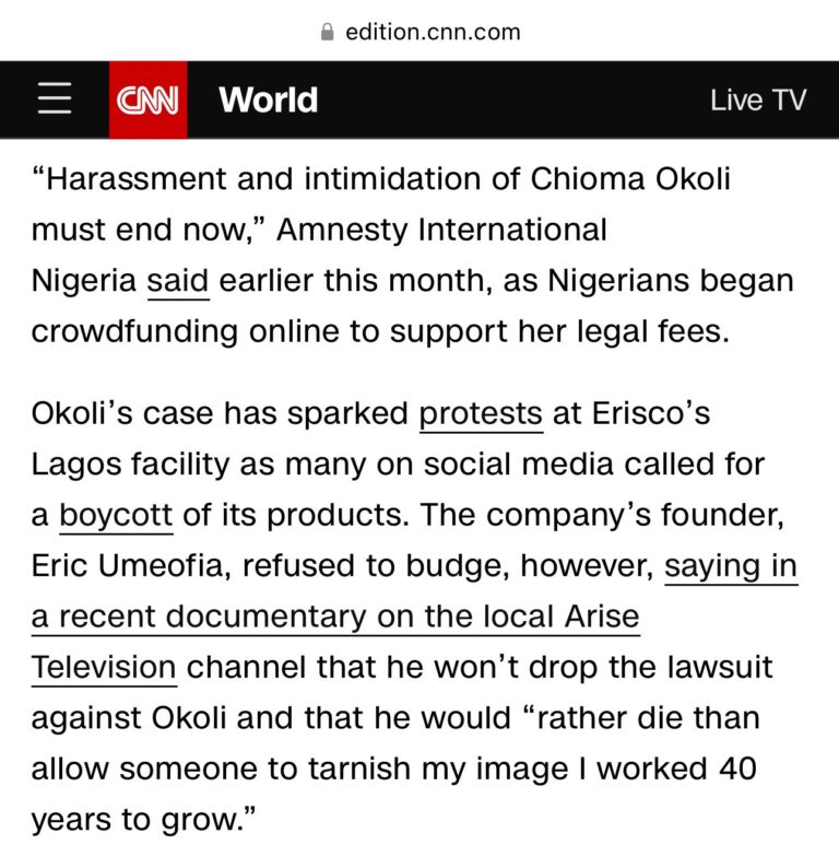 Erisco Foods Vs Chioma Okoli's Battle Makes CNN news - JKCYNO BLOG