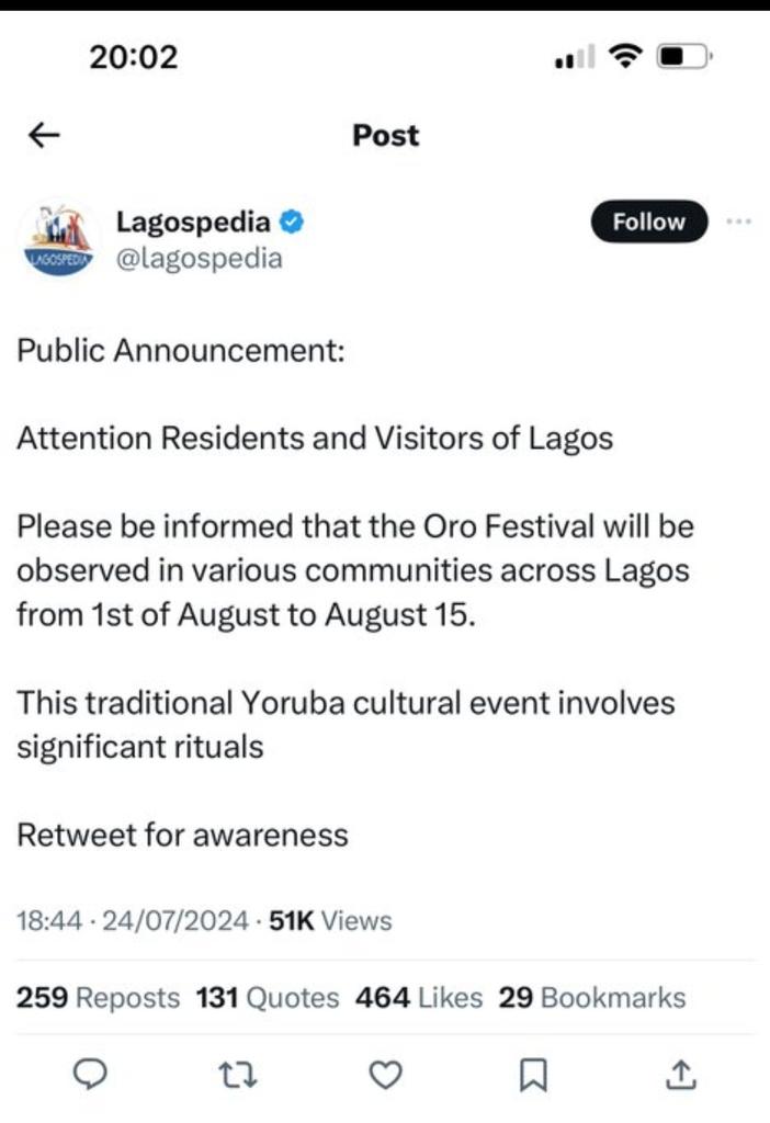 Oro festival in Lagos ahead of Nationwide Protest 