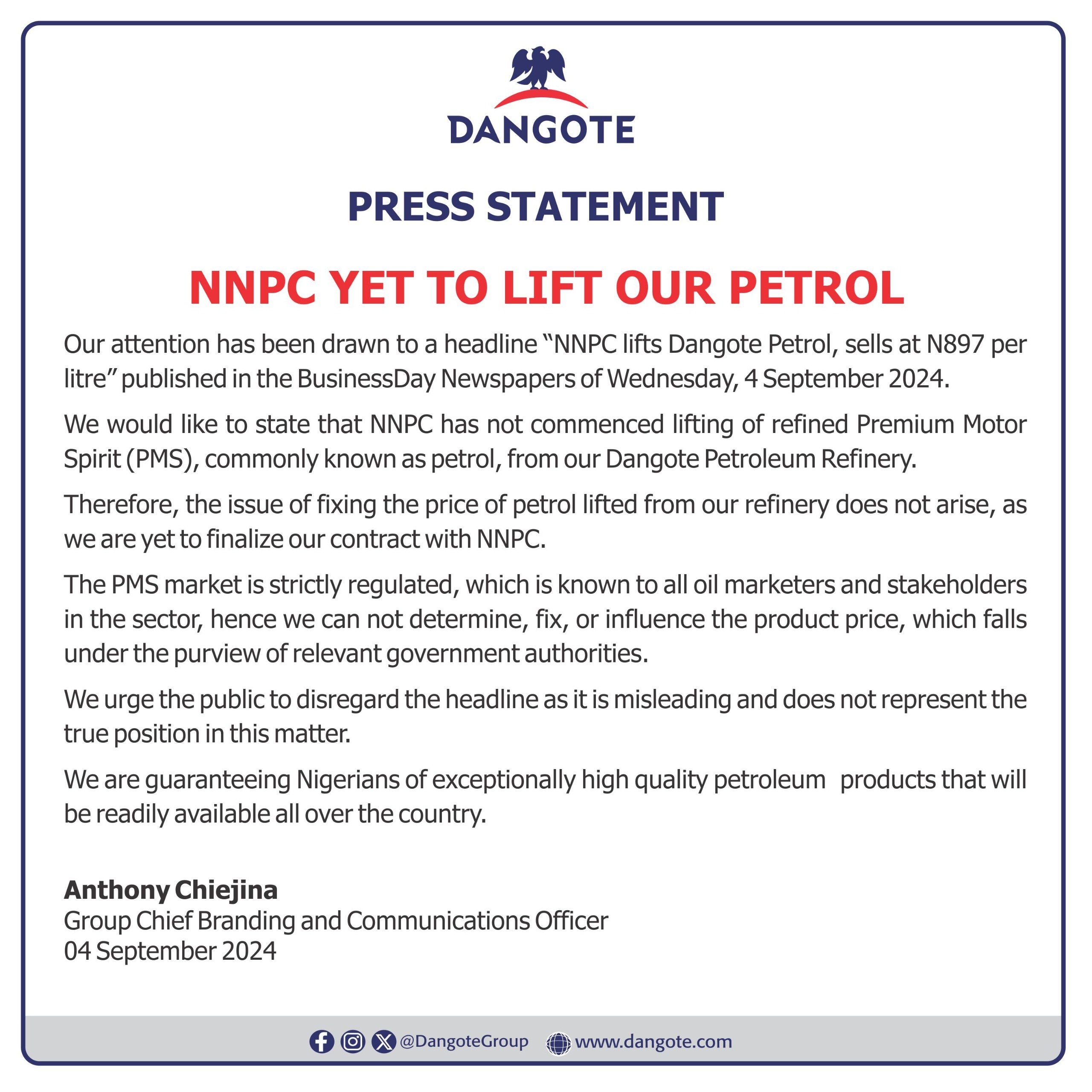 Dangote press statement 